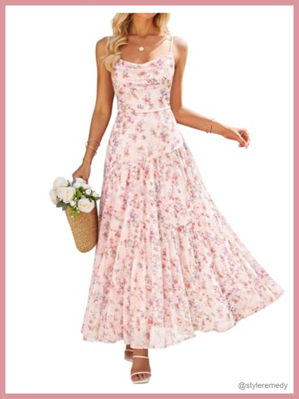 Mesh Floral Maxi Dress Sleeveless Cowl Neck A-Line Wedding Guest